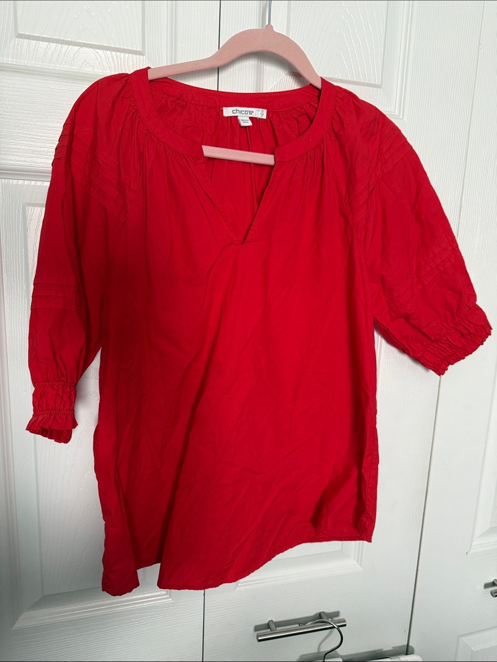 Chico's Bright Red Split-Neck Peasant Top